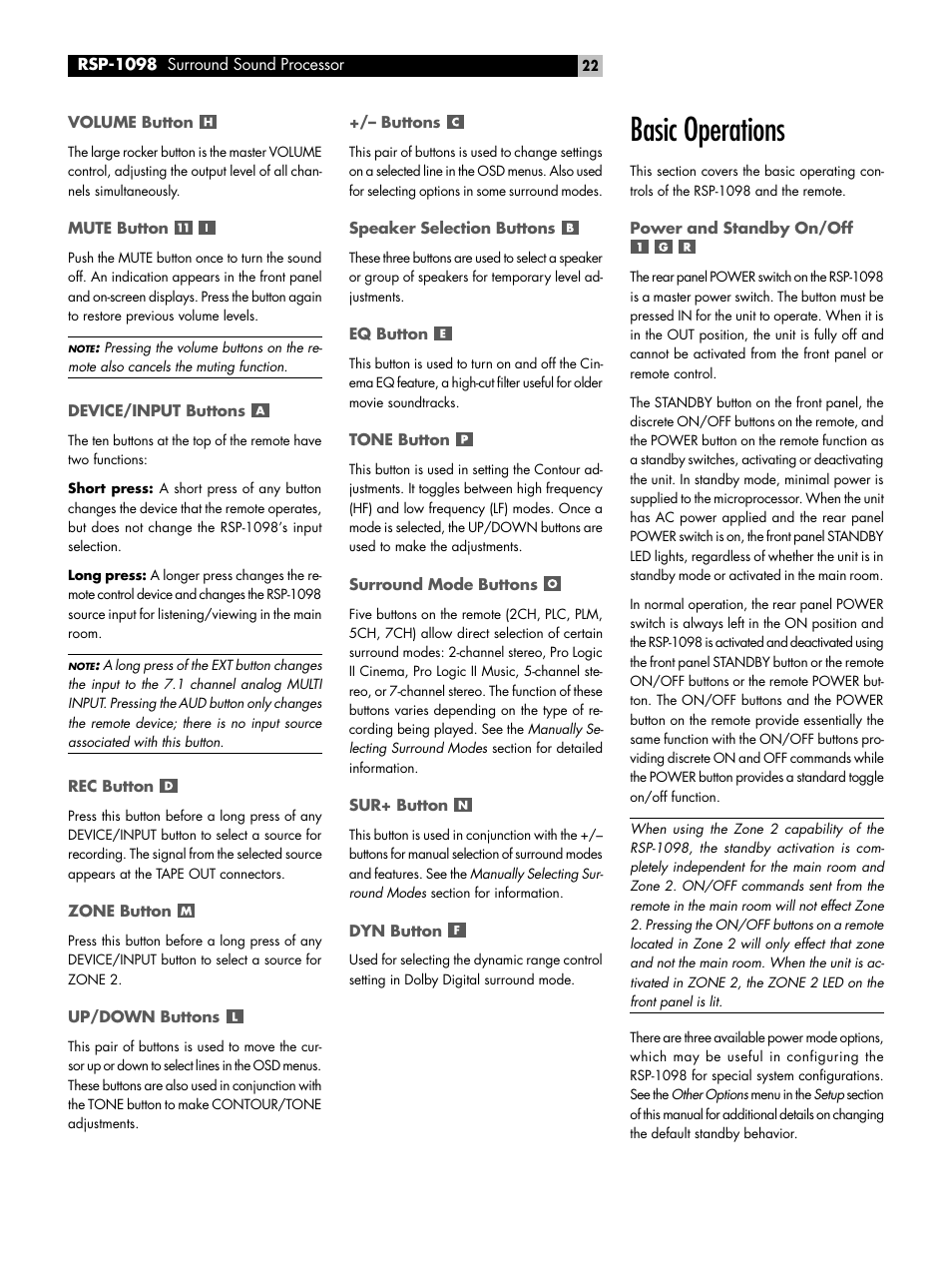 Volume button, Mute button, Device/input buttons | Rec button, Zone button, Up/down buttons, Buttons, Speaker selection buttons, Eq button, Tone button | ROTEL RSP-1098 User Manual | Page 22 / 112