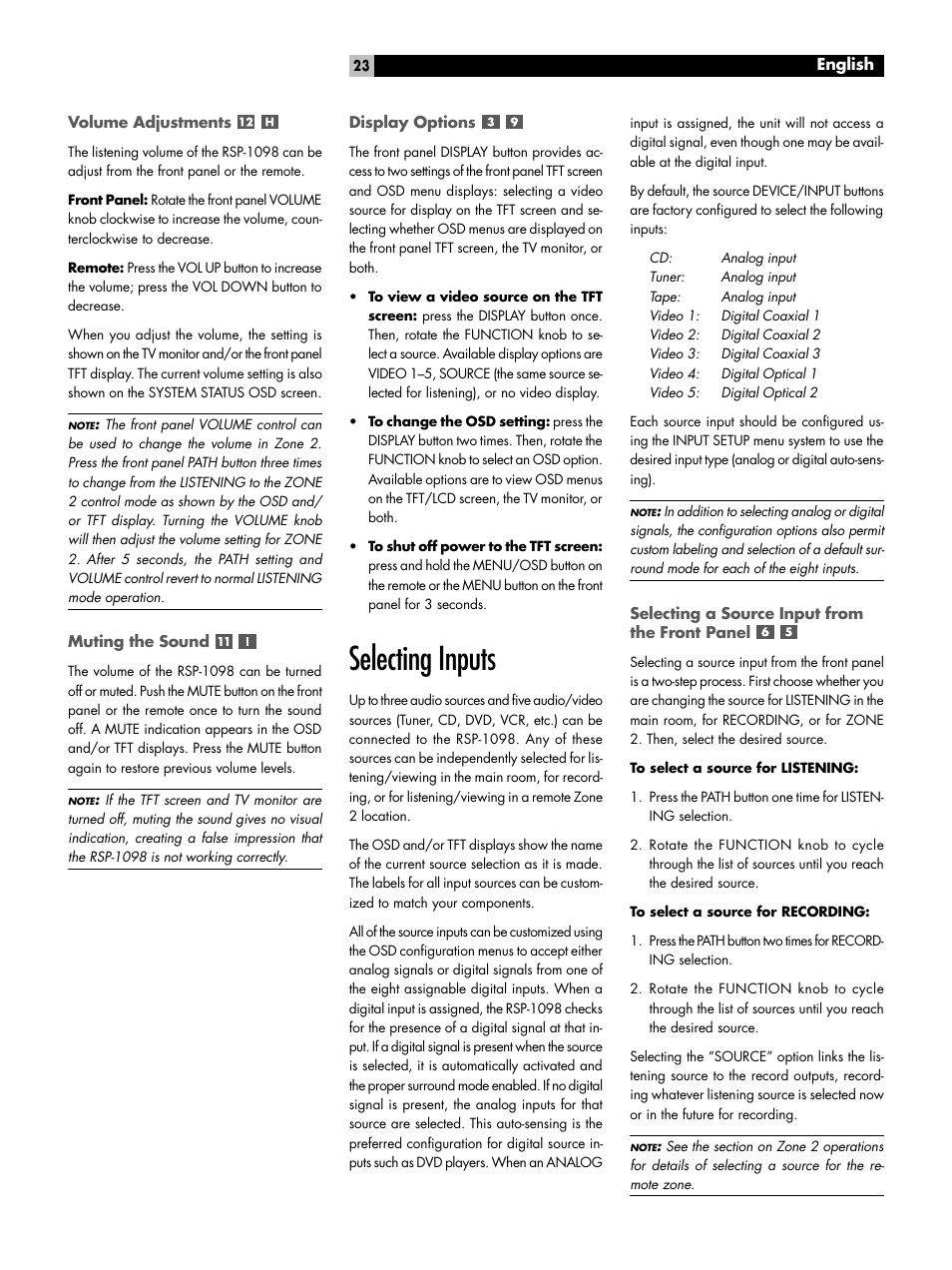 Volume adjustments, Muting the sound, Display options | Selecting inputs, Selecting a source input from the front panel | ROTEL RSP-1098 User Manual | Page 23 / 112