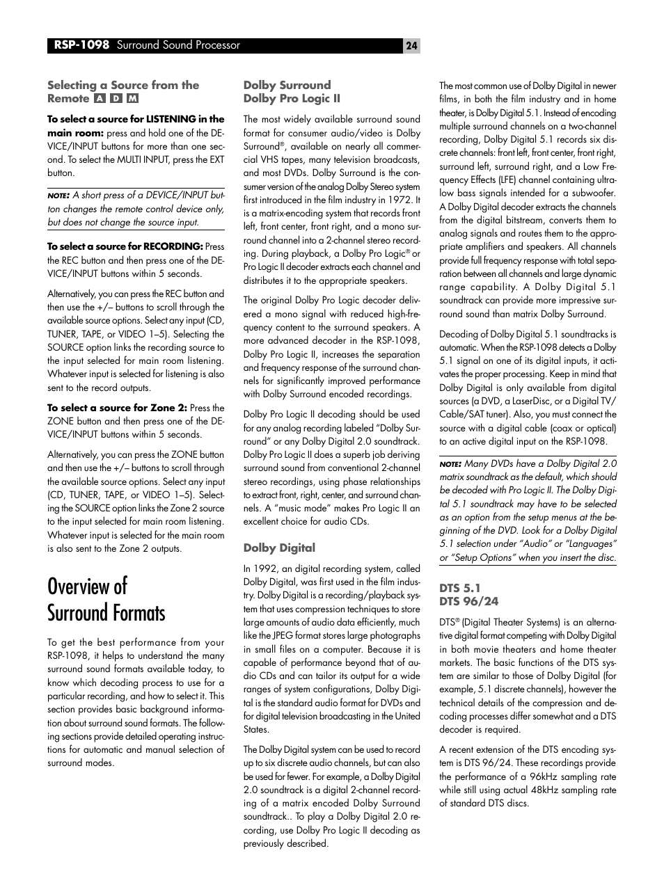 Selecting a source from the remote, Overview of surround formats, Dolby surround dolby pro logic ii | Dolby digital, Dts 5.1 dts 96/24 | ROTEL RSP-1098 User Manual | Page 24 / 112
