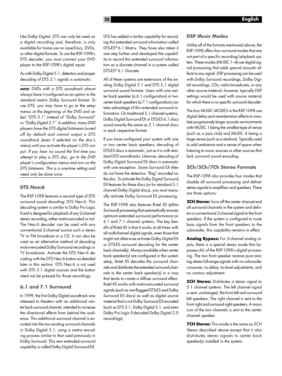 Dts neo:6, 1 and 7.1 surround, Dsp music modes | 2ch/5ch/7ch stereo formats | ROTEL RSP-1098 User Manual | Page 25 / 112