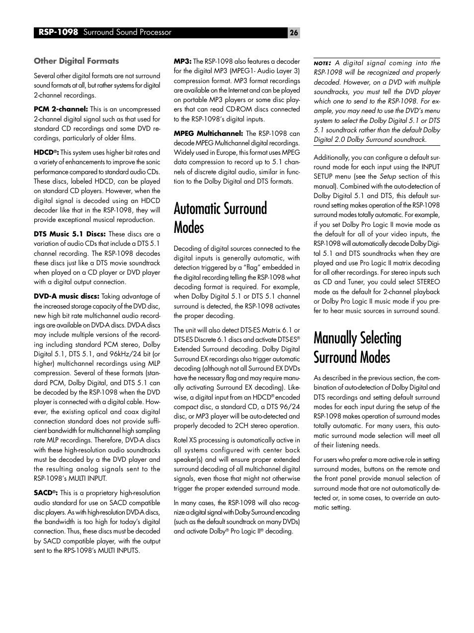 Other digital formats, Automatic surround modes, Manually selecting surround modes | ROTEL RSP-1098 User Manual | Page 26 / 112
