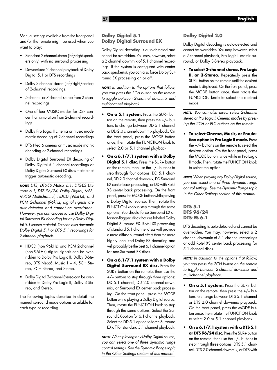 Dolby digital 5.1 dolby digital surround ex, Dolby digital 2.0, Dts 5.1 dts 96/24 dts-es 6.1 | ROTEL RSP-1098 User Manual | Page 27 / 112