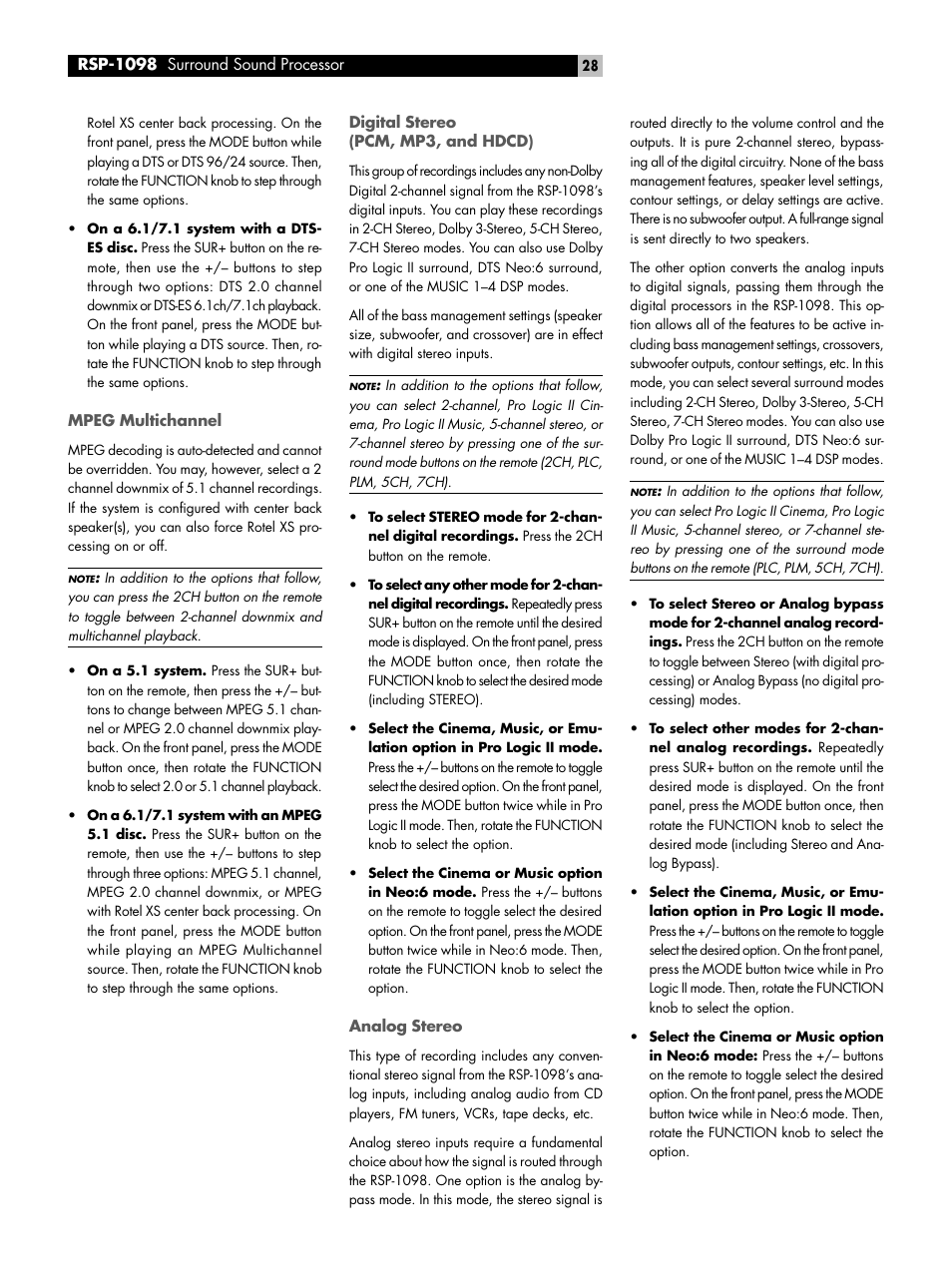 Mpeg multichannel, Digital stereo (pcm, mp3, and hdcd), Analog stereo | ROTEL RSP-1098 User Manual | Page 28 / 112