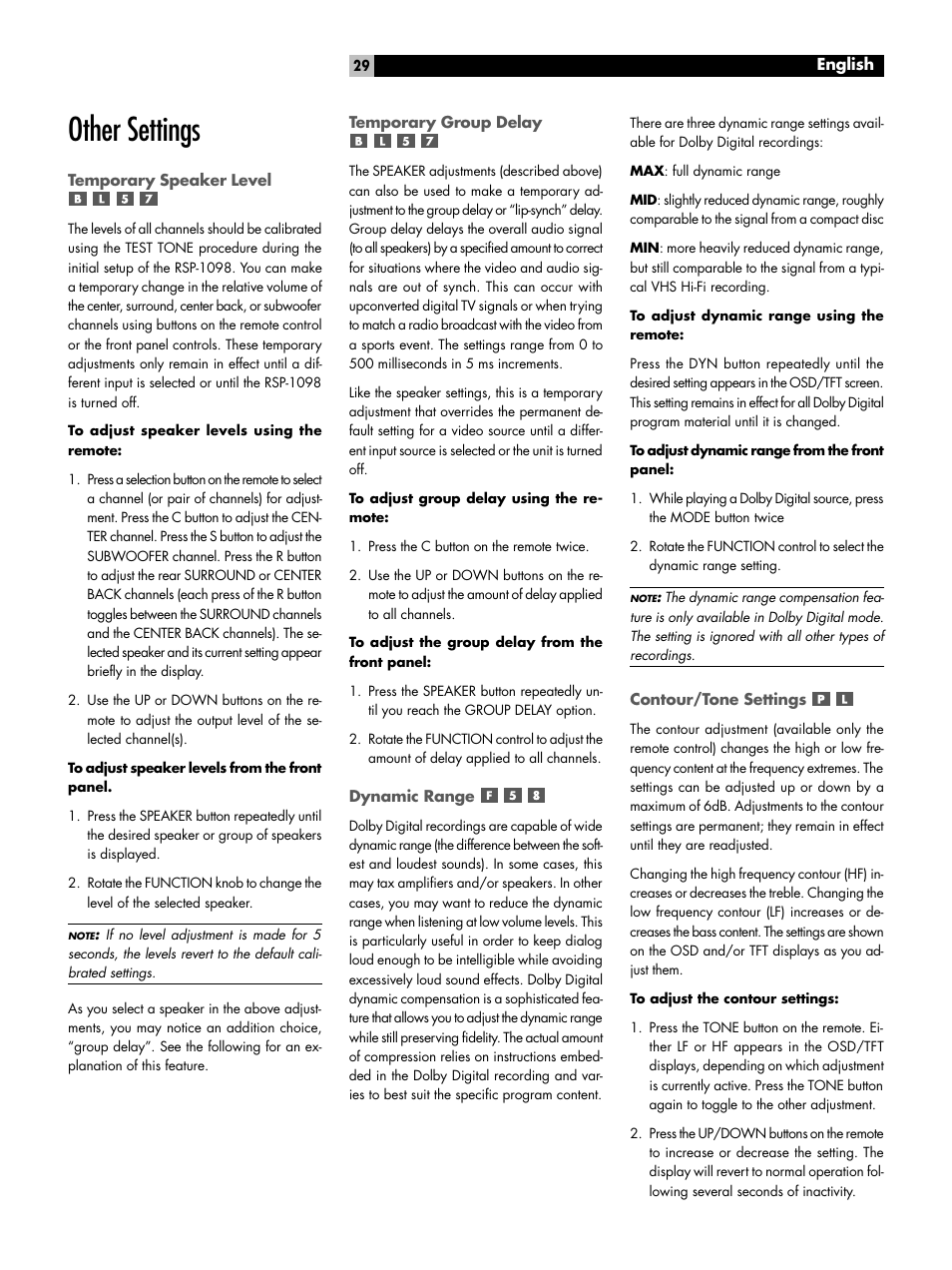 Other settings, Temporary speaker level, Temporary group delay | Dynamic range, Contour/tone settings | ROTEL RSP-1098 User Manual | Page 29 / 112