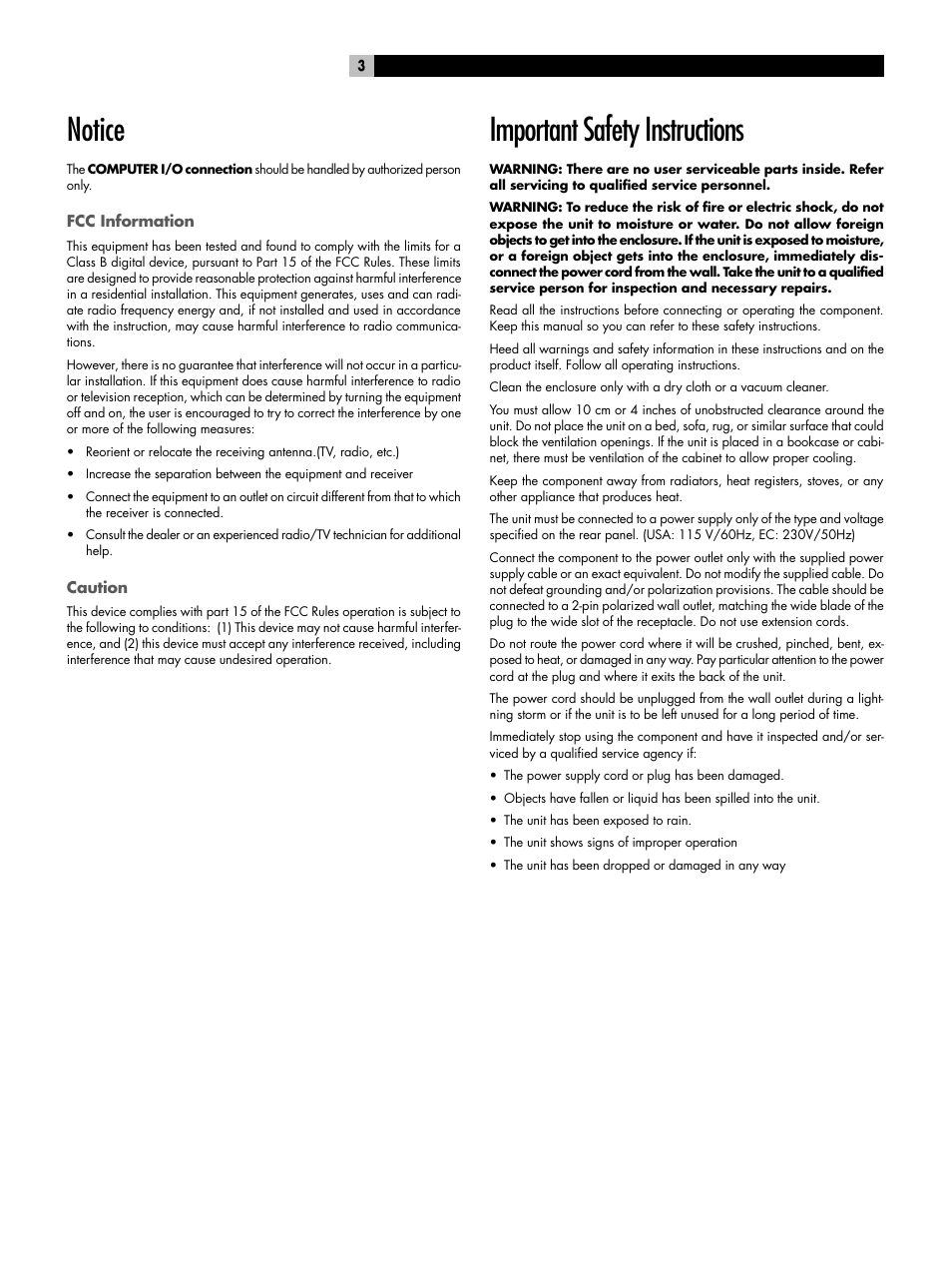 Important safety instructions, Notice | ROTEL RSP-1098 User Manual | Page 3 / 112