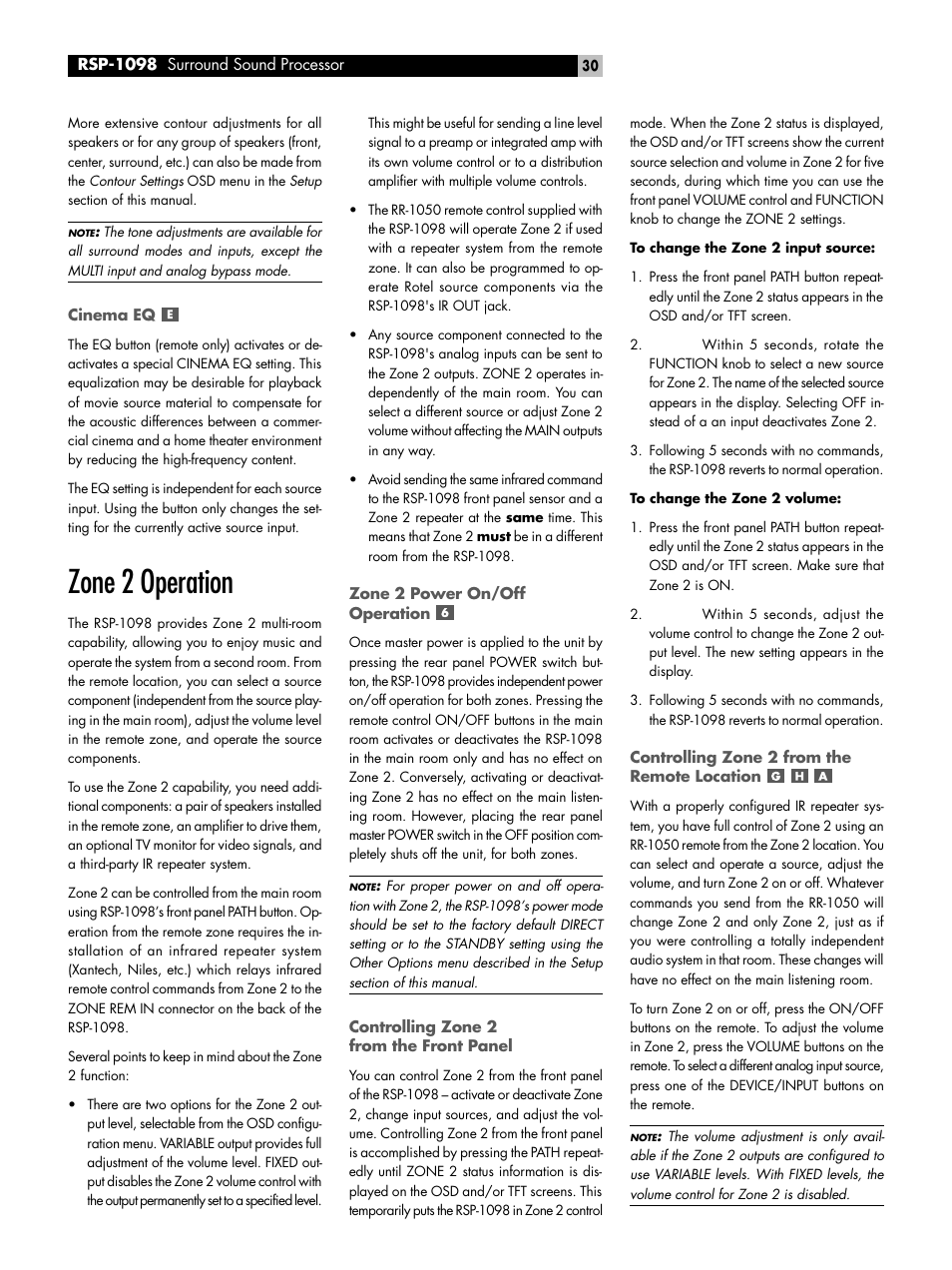 Cinema eq, Zone 2 operation, Zone 2 power on/off operation | Controlling zone 2 from the front panel, Controlling zone 2 from the remote location | ROTEL RSP-1098 User Manual | Page 30 / 112