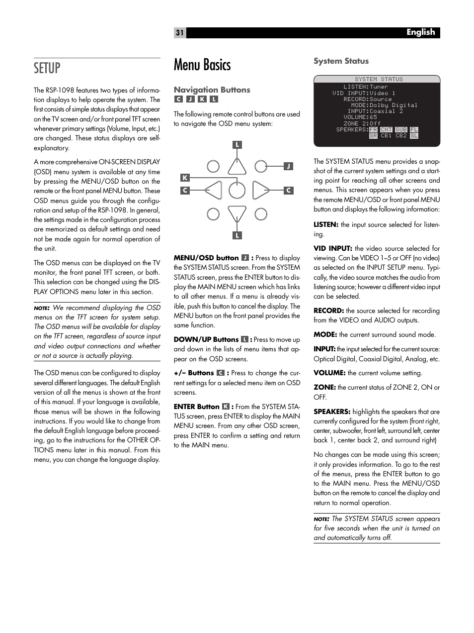 Setup, Menu basics, Navigation buttons | System status | ROTEL RSP-1098 User Manual | Page 31 / 112