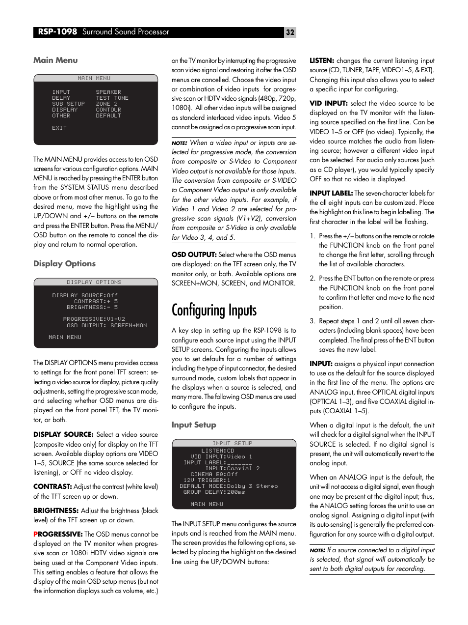 Main menu, Display options, Configuring inputs | Input setup | ROTEL RSP-1098 User Manual | Page 32 / 112