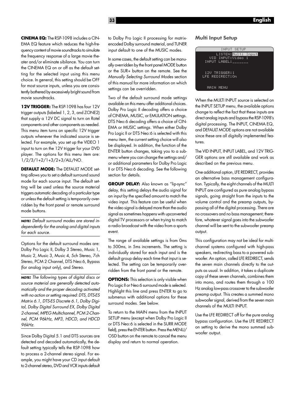 Multi input setup | ROTEL RSP-1098 User Manual | Page 33 / 112