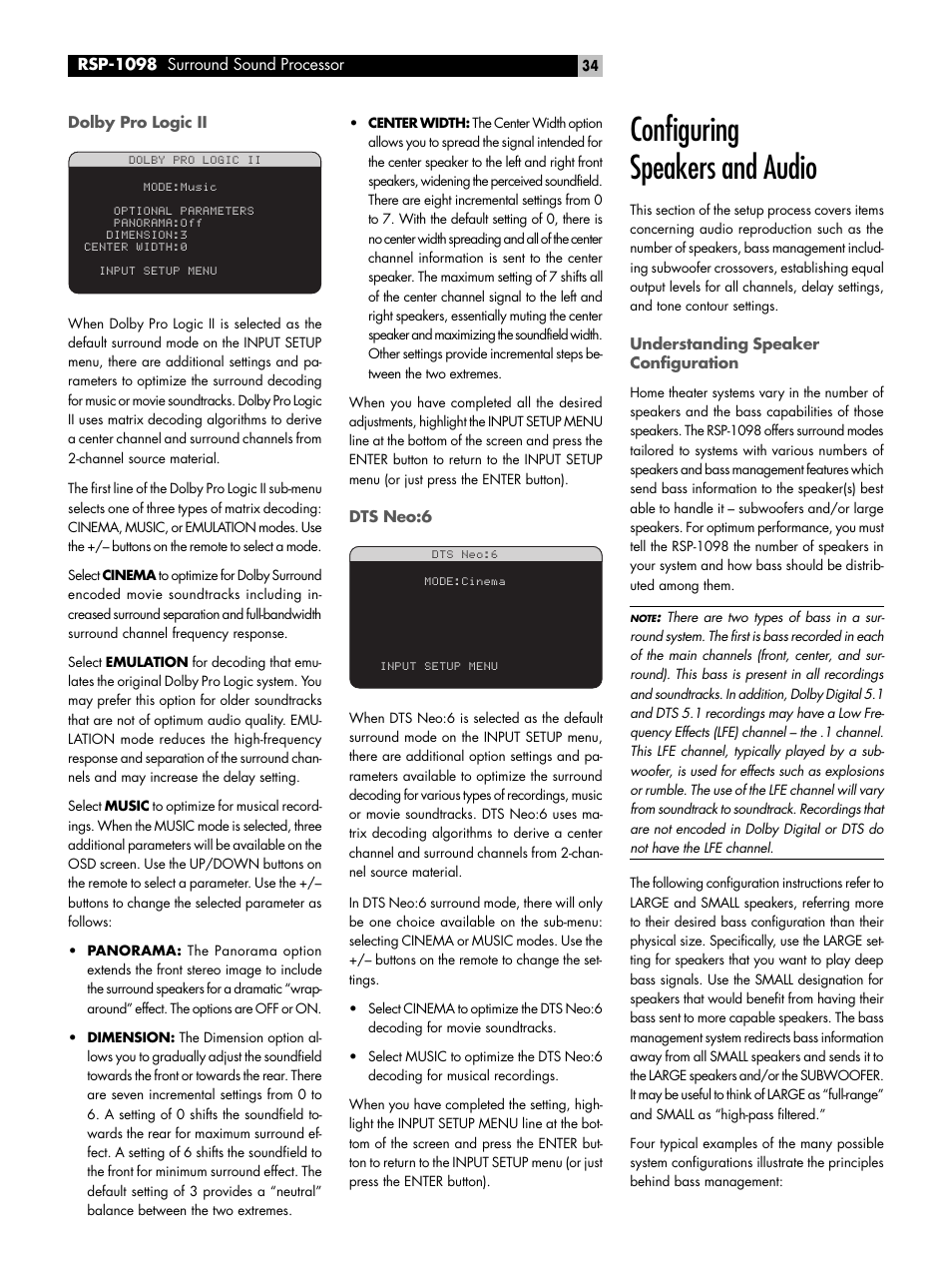 Dolby pro logic ii, Dts neo:6, Configuring speakers and audio | Understanding speaker configuration | ROTEL RSP-1098 User Manual | Page 34 / 112