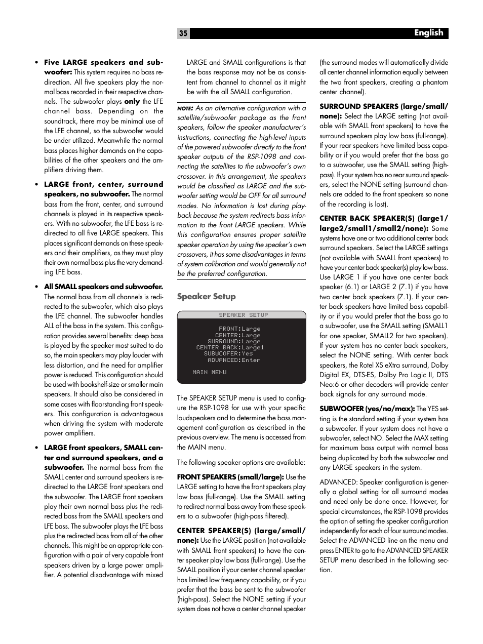 Speaker setup | ROTEL RSP-1098 User Manual | Page 35 / 112