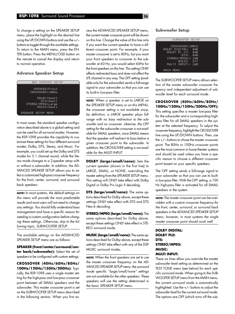 Advance speaker setup, Subwoofer setup, Rsp-1098 surround sound processor | ROTEL RSP-1098 User Manual | Page 36 / 112