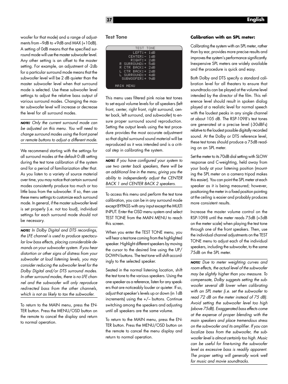 Test tone, English | ROTEL RSP-1098 User Manual | Page 37 / 112