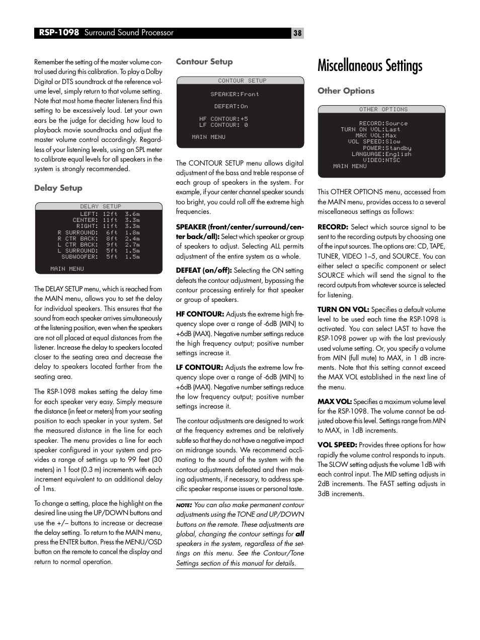 Delay setup, Contour setup, Miscellaneous settings | Other options | ROTEL RSP-1098 User Manual | Page 38 / 112