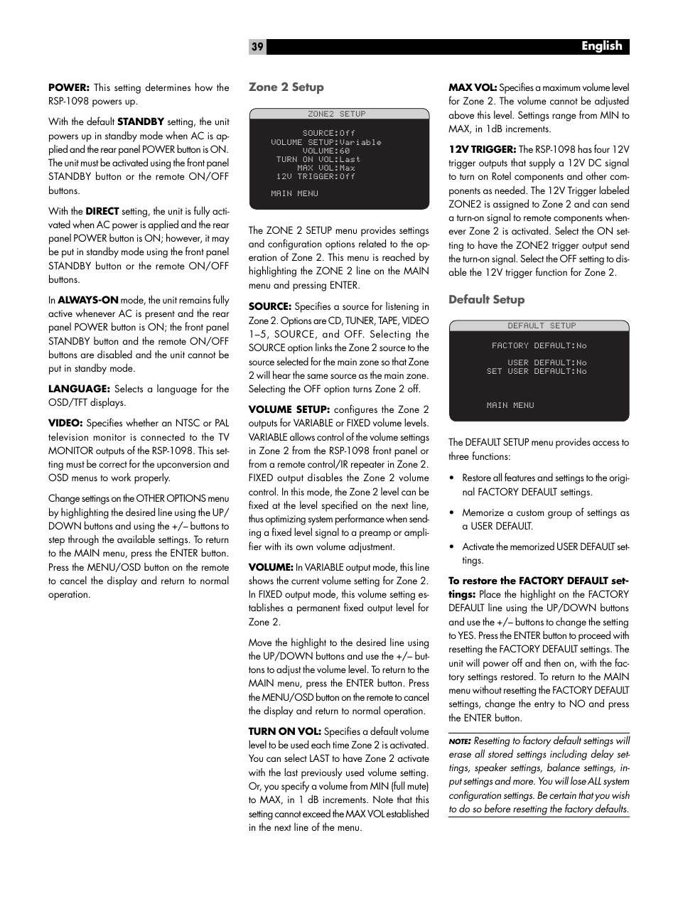 Zone 2 setup, Default setup | ROTEL RSP-1098 User Manual | Page 39 / 112
