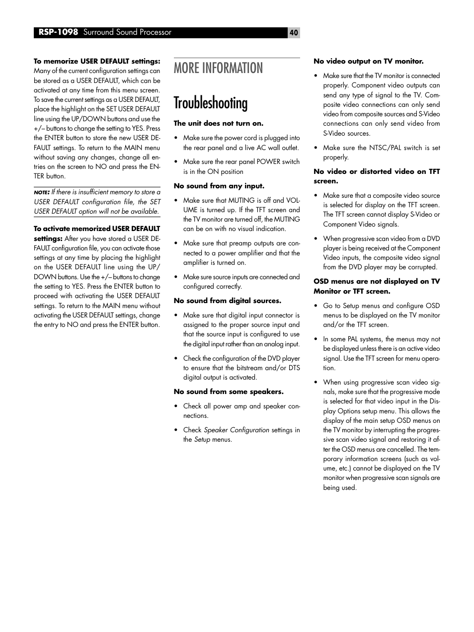 More information, Troubleshooting | ROTEL RSP-1098 User Manual | Page 40 / 112