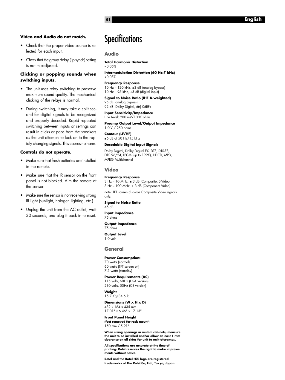 Specifications, Audio, Video | General, English | ROTEL RSP-1098 User Manual | Page 41 / 112