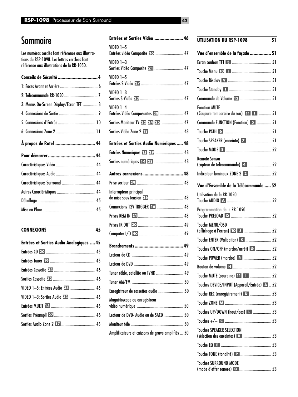 Sommaire | ROTEL RSP-1098 User Manual | Page 42 / 112