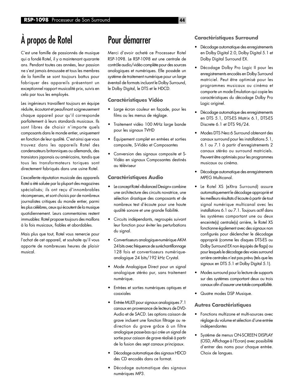 À propos de rotel, Pour démarrer | ROTEL RSP-1098 User Manual | Page 44 / 112