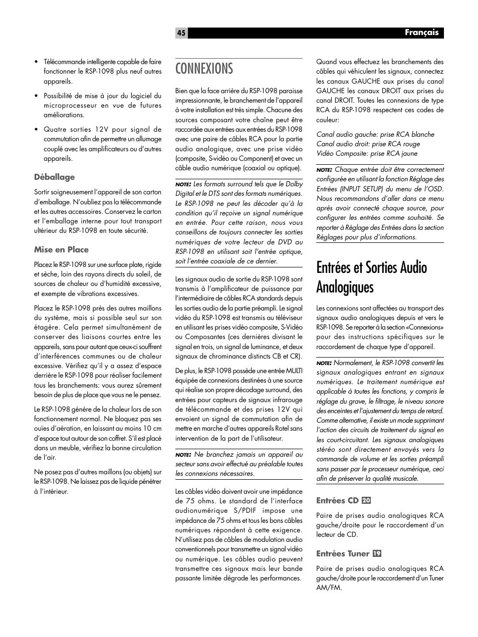 Entrées et sorties audio analogiques, Connexions | ROTEL RSP-1098 User Manual | Page 45 / 112