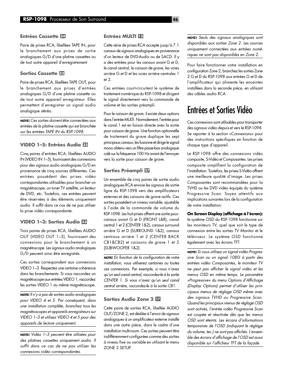 Entrées et sorties vidéo | ROTEL RSP-1098 User Manual | Page 46 / 112