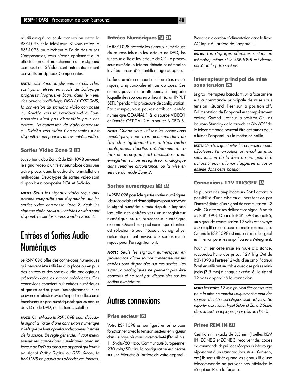 Entrées et sorties audio numériques, Autres connexions | ROTEL RSP-1098 User Manual | Page 48 / 112