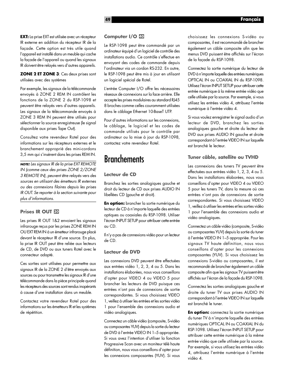 Branchements | ROTEL RSP-1098 User Manual | Page 49 / 112