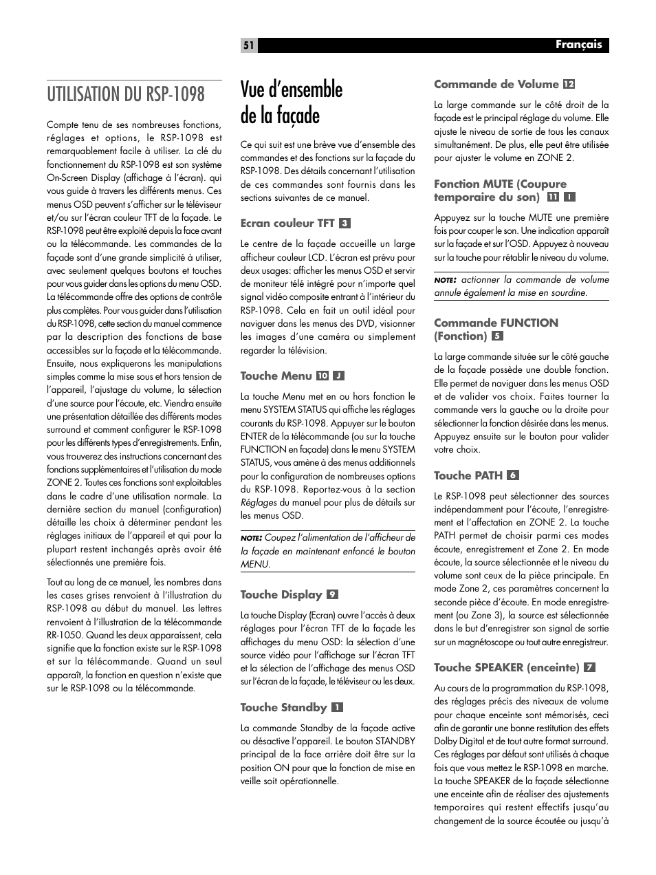 Vue d’ensemble de la façade, Utilisation du rsp-1098 | ROTEL RSP-1098 User Manual | Page 51 / 112