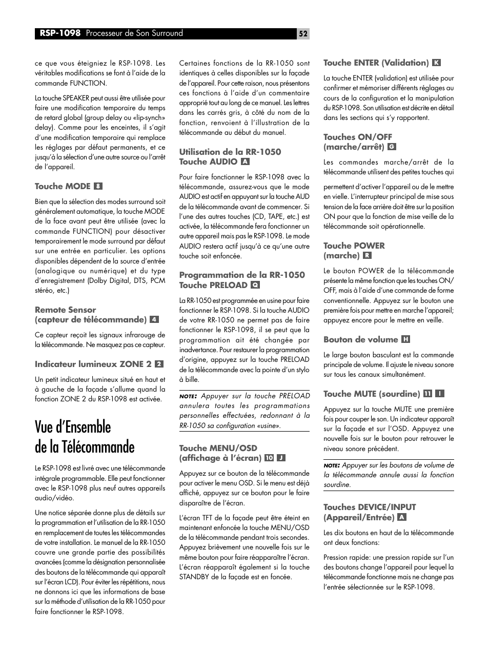 Vue d’ensemble de la télécommande | ROTEL RSP-1098 User Manual | Page 52 / 112