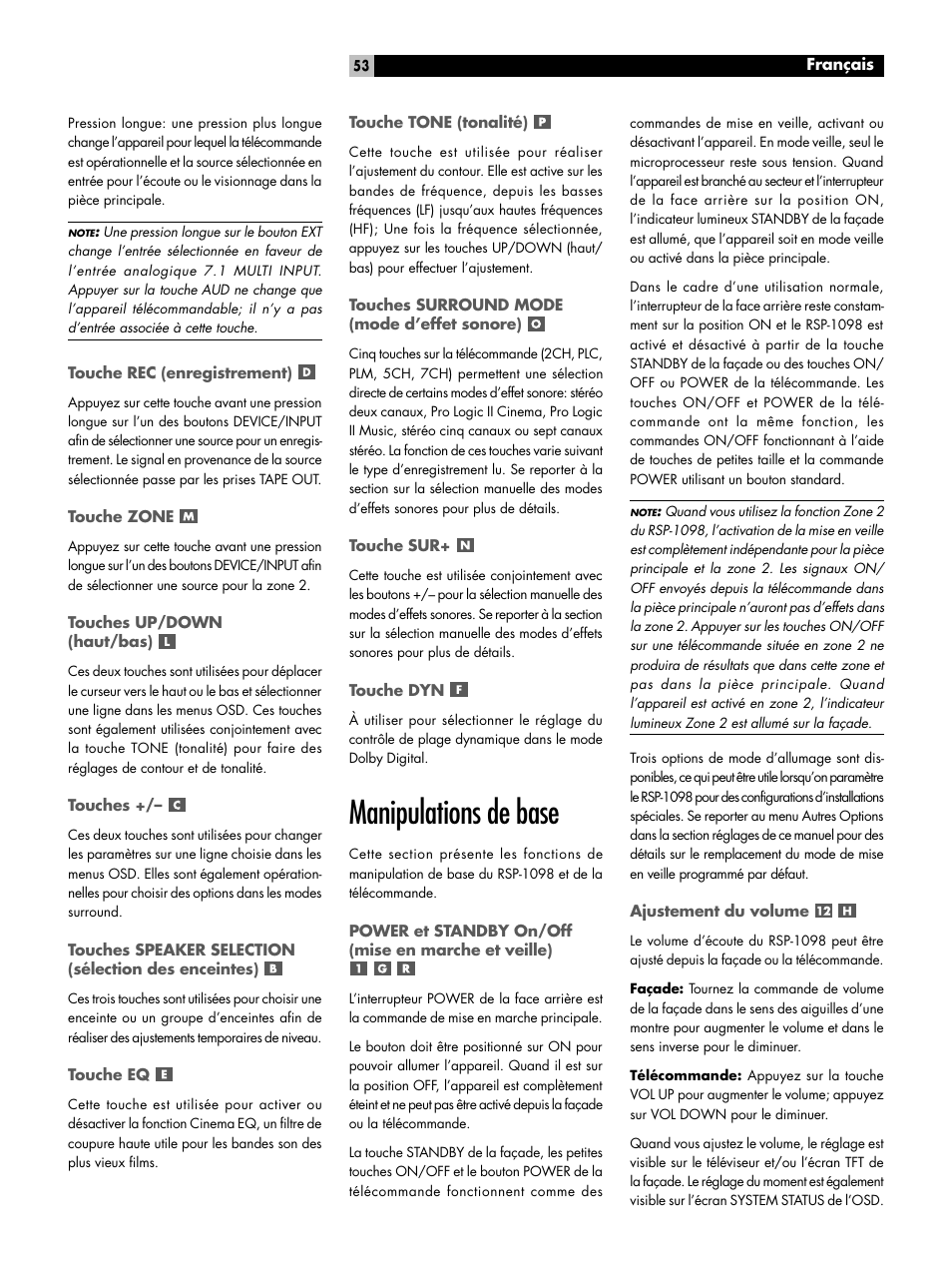 Manipulations de base | ROTEL RSP-1098 User Manual | Page 53 / 112