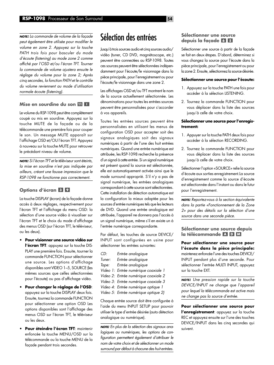 Sélection des entrées | ROTEL RSP-1098 User Manual | Page 54 / 112