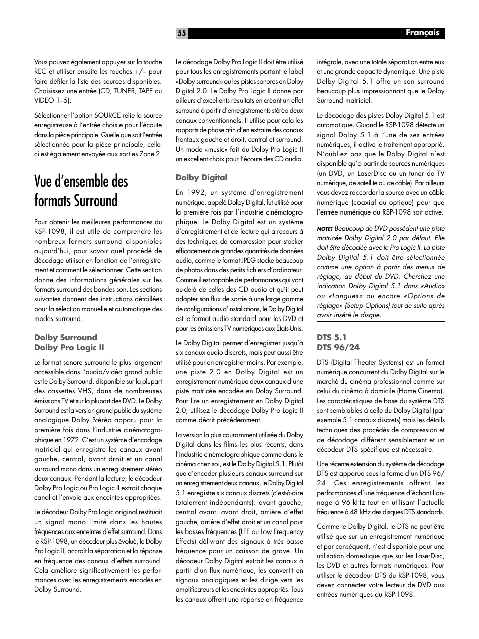 Vue d’ensemble des formats surround | ROTEL RSP-1098 User Manual | Page 55 / 112