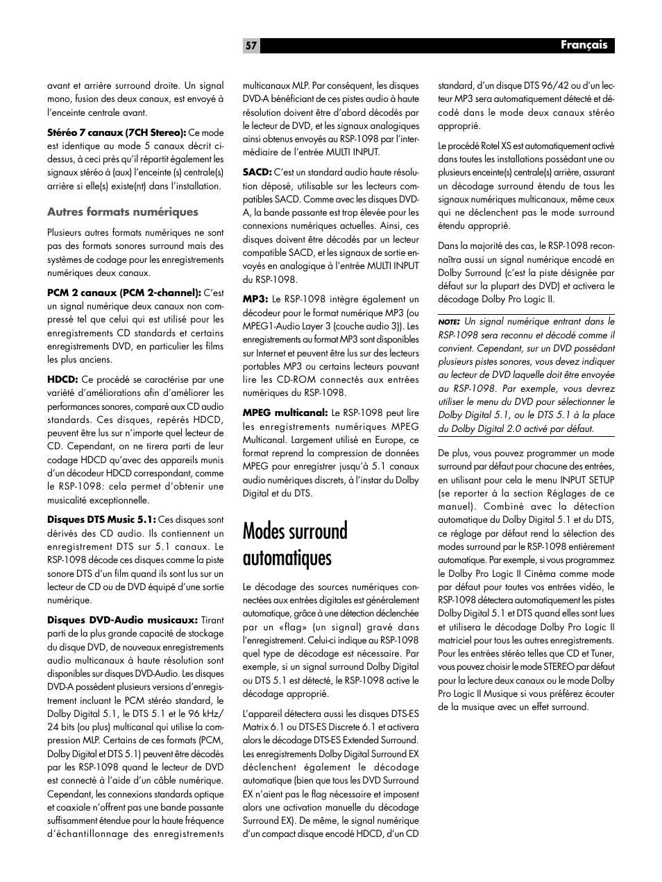 Modes surround automatiques | ROTEL RSP-1098 User Manual | Page 57 / 112