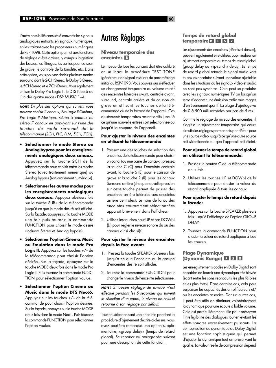 Autres réglages | ROTEL RSP-1098 User Manual | Page 60 / 112