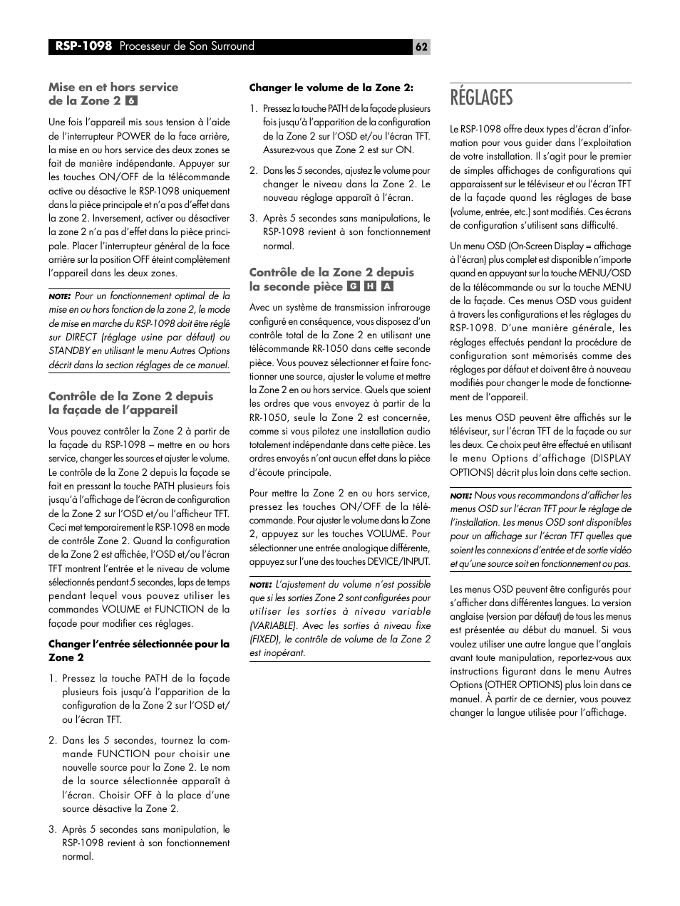 Réglages | ROTEL RSP-1098 User Manual | Page 62 / 112