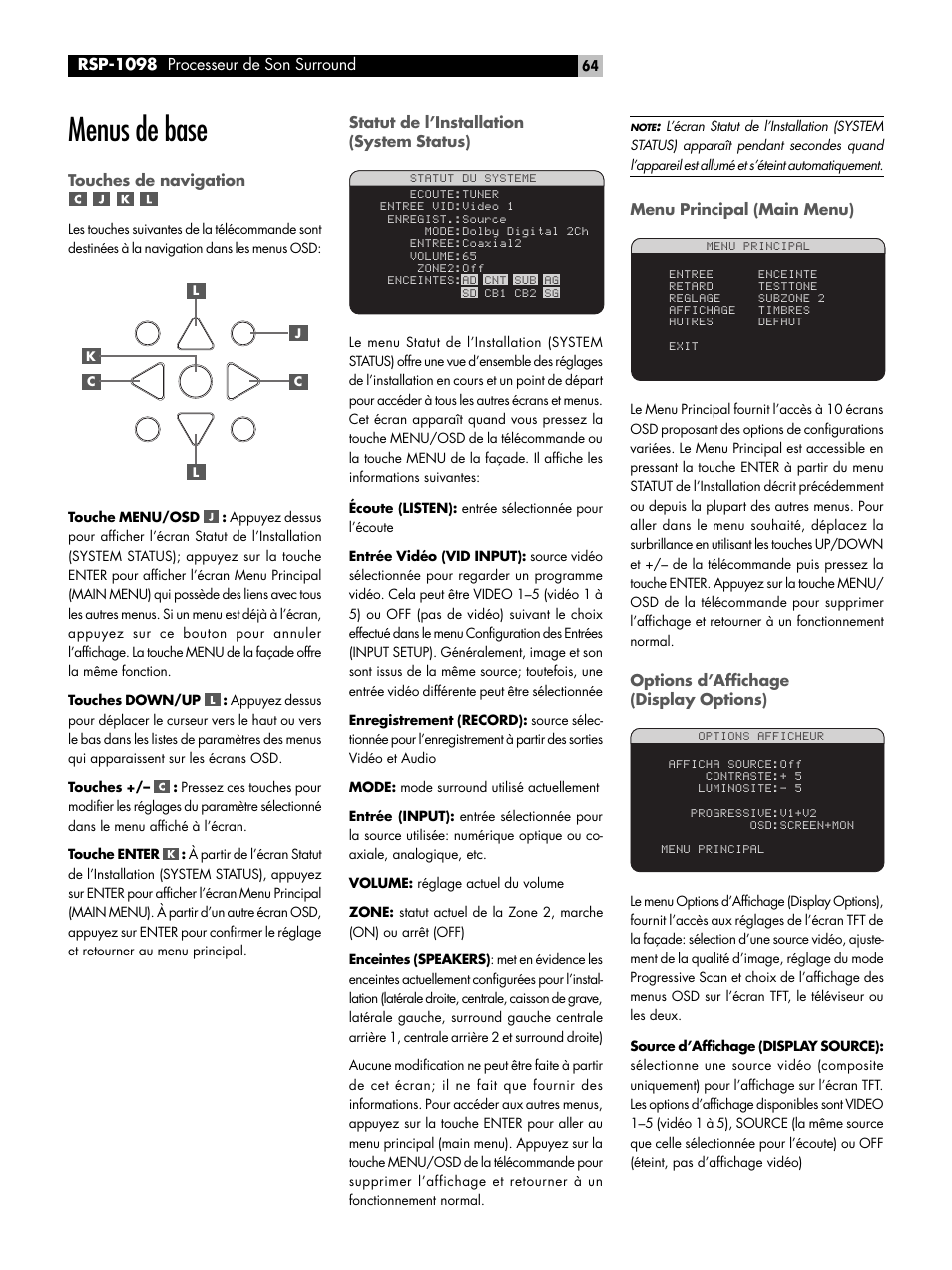 Menus de base | ROTEL RSP-1098 User Manual | Page 64 / 112