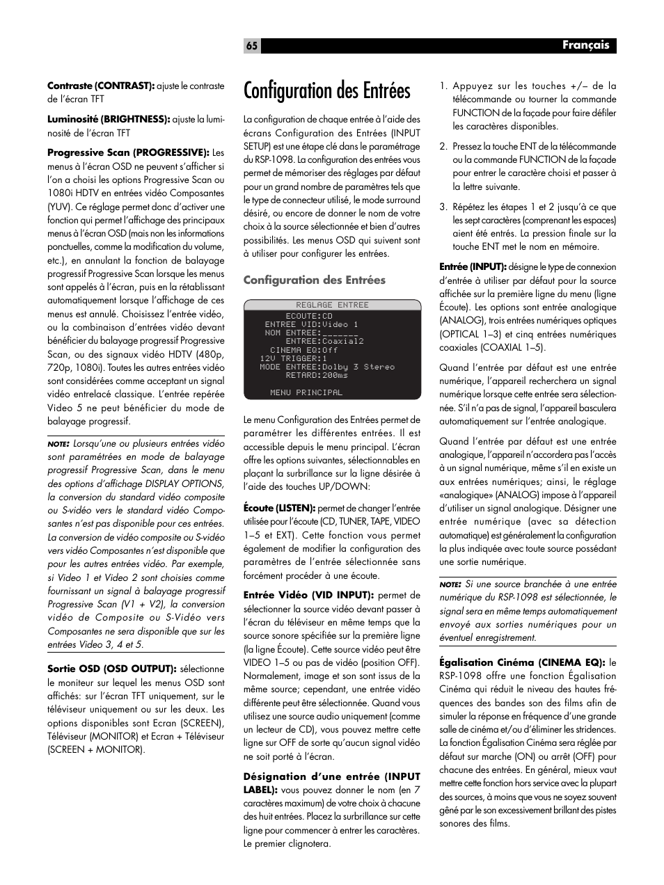 Configuration des entrées | ROTEL RSP-1098 User Manual | Page 65 / 112