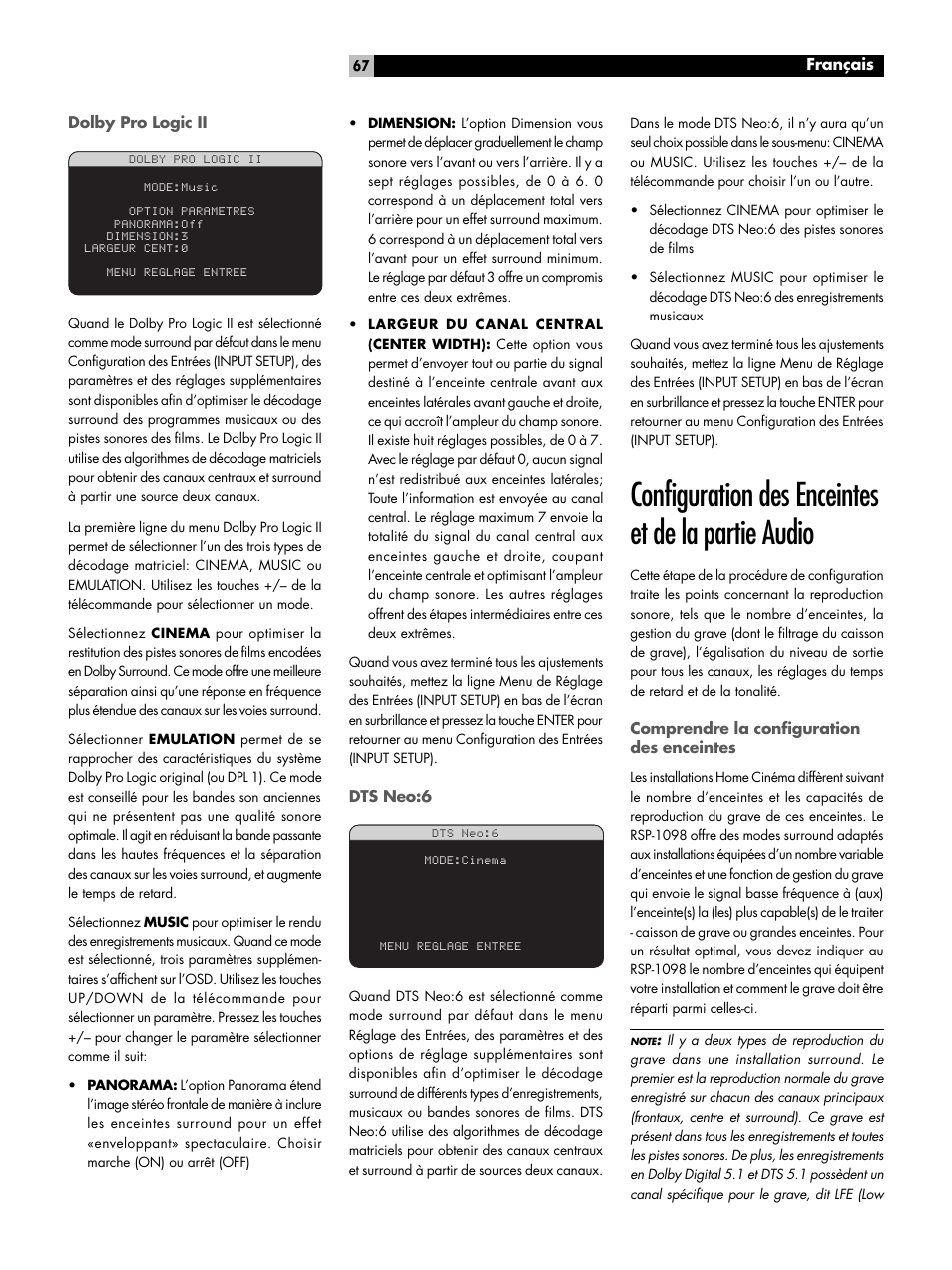 Configuration des enceintes et de la partie audio | ROTEL RSP-1098 User Manual | Page 67 / 112