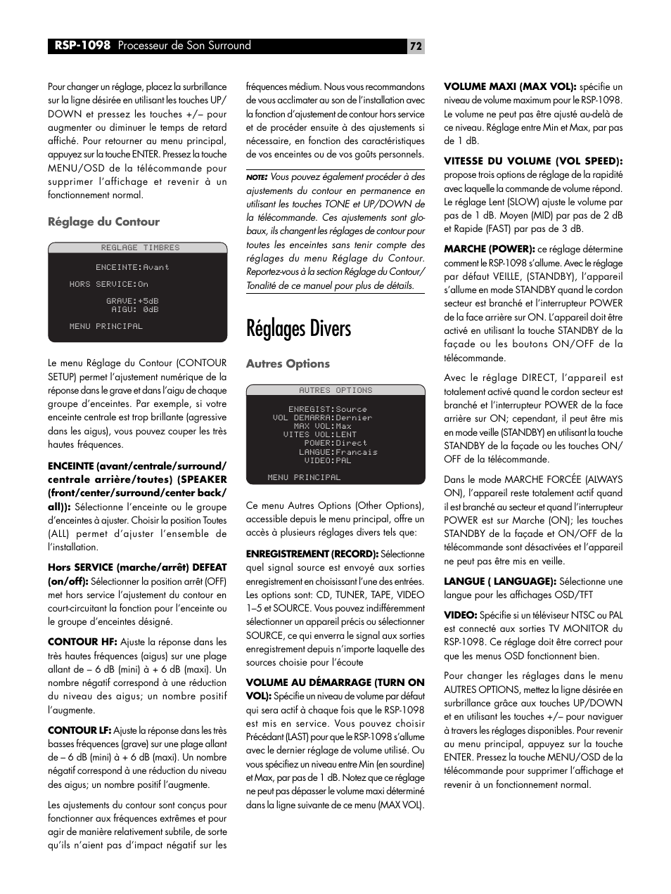 Réglages divers | ROTEL RSP-1098 User Manual | Page 72 / 112