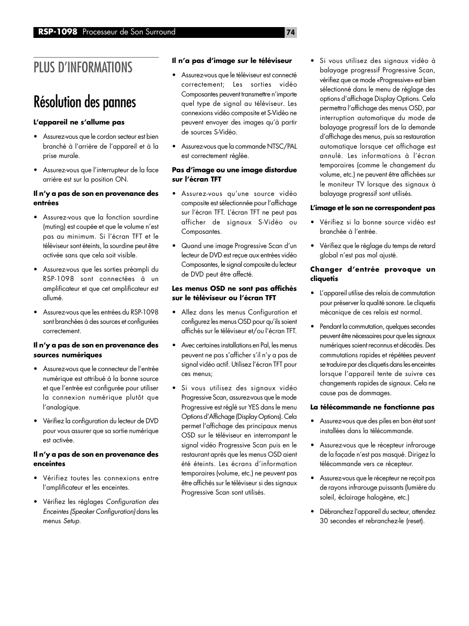 Résolution des pannes, Plus d’informations | ROTEL RSP-1098 User Manual | Page 74 / 112