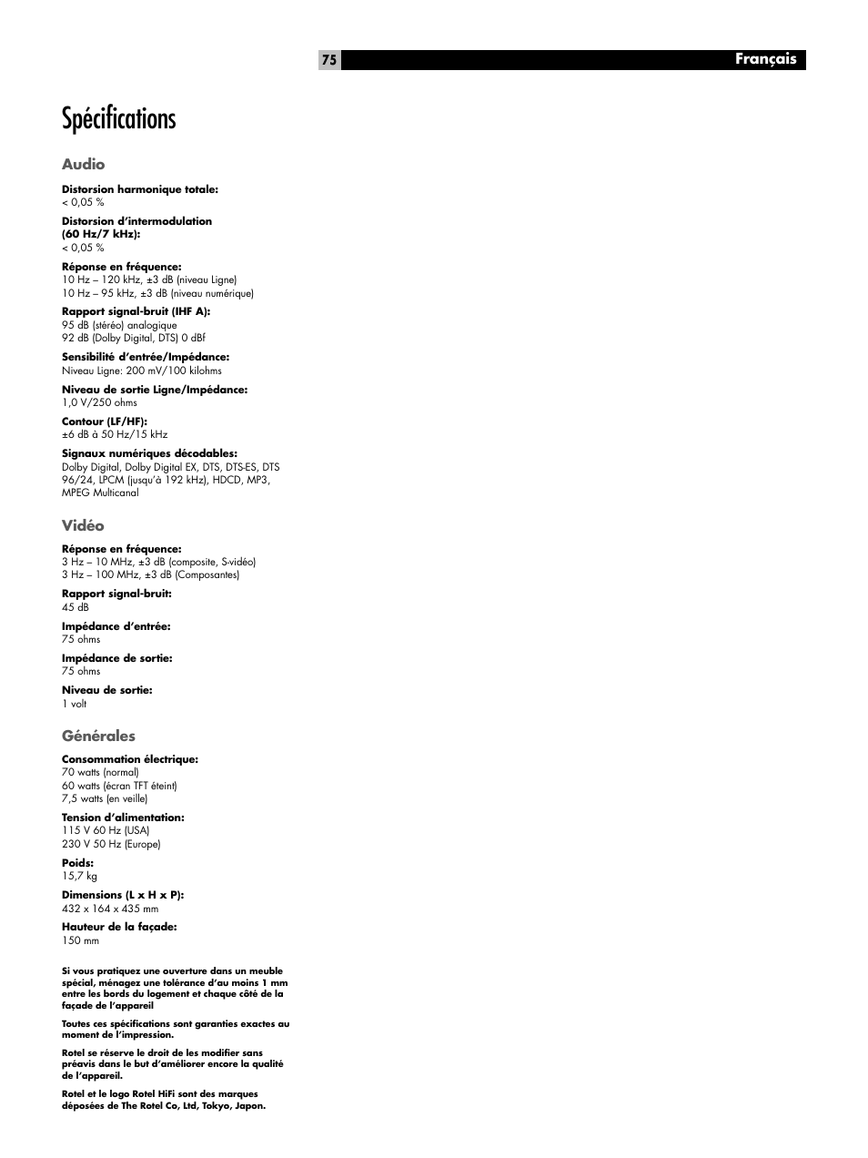 Spécifications, Français | ROTEL RSP-1098 User Manual | Page 75 / 112