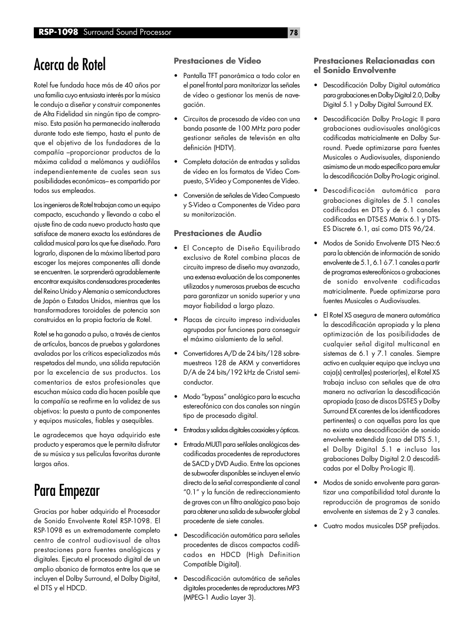 Acerca de rotel, Para empezar | ROTEL RSP-1098 User Manual | Page 78 / 112
