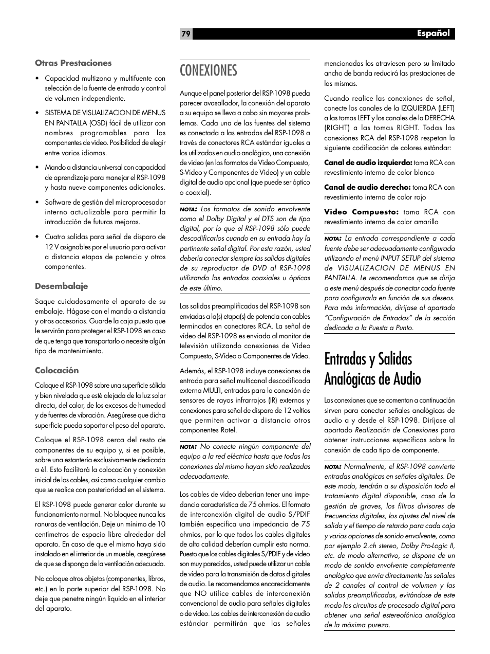 Entradas y salidas analógicas de audio, Conexiones | ROTEL RSP-1098 User Manual | Page 79 / 112