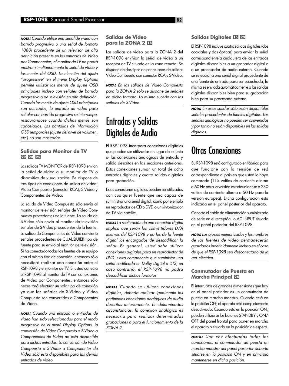 Entradas y salidas digitales de audio, Otras conexiones | ROTEL RSP-1098 User Manual | Page 82 / 112