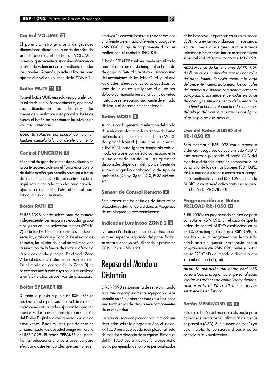 Repaso del mando a distancia | ROTEL RSP-1098 User Manual | Page 86 / 112