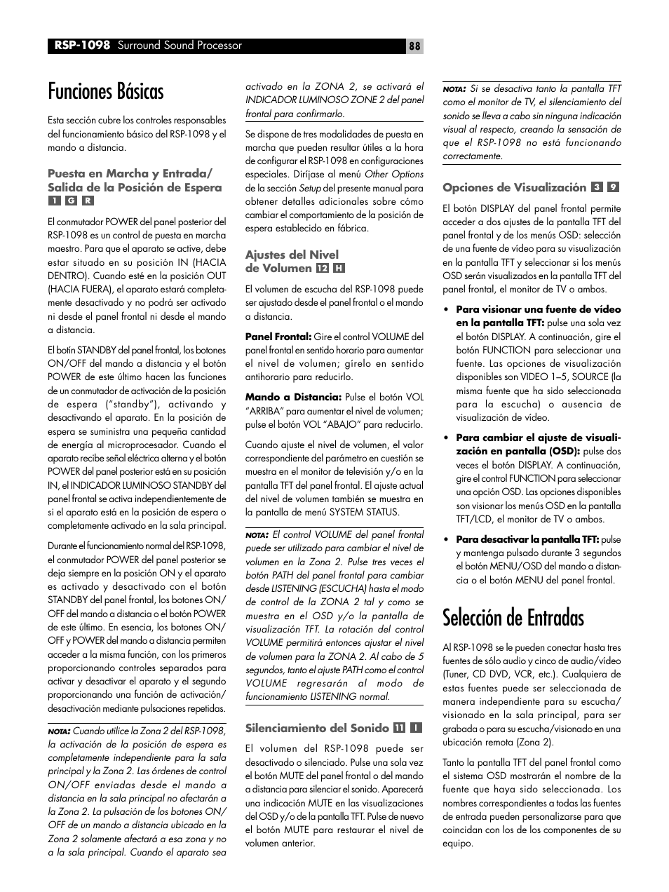 Funciones básicas, Selección de entradas | ROTEL RSP-1098 User Manual | Page 88 / 112
