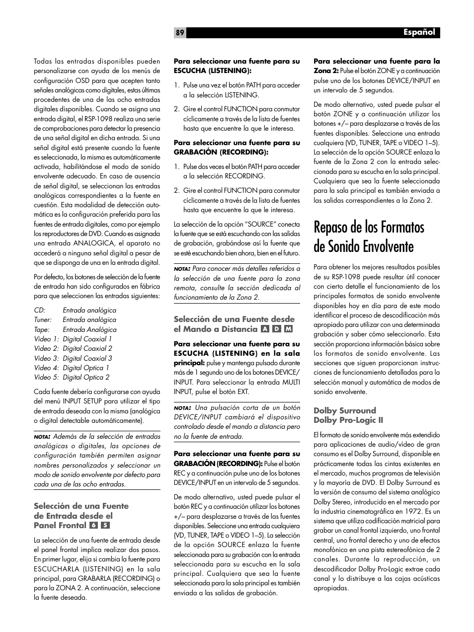 Repaso de los formatos de sonido envolvente | ROTEL RSP-1098 User Manual | Page 89 / 112