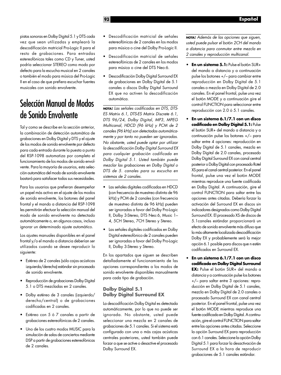 Selección manual de modos de sonido envolvente | ROTEL RSP-1098 User Manual | Page 93 / 112