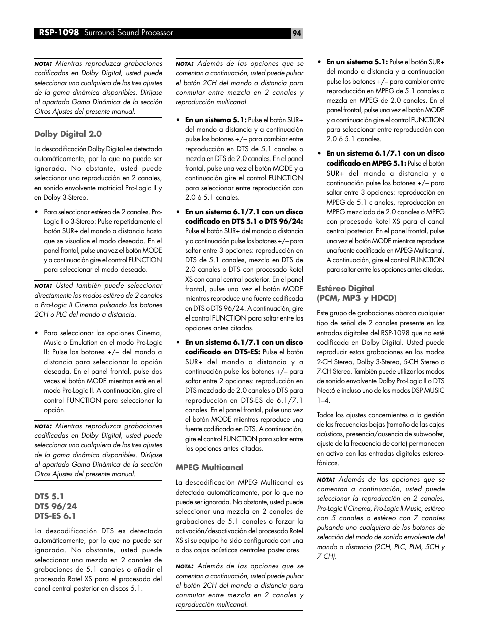 ROTEL RSP-1098 User Manual | Page 94 / 112