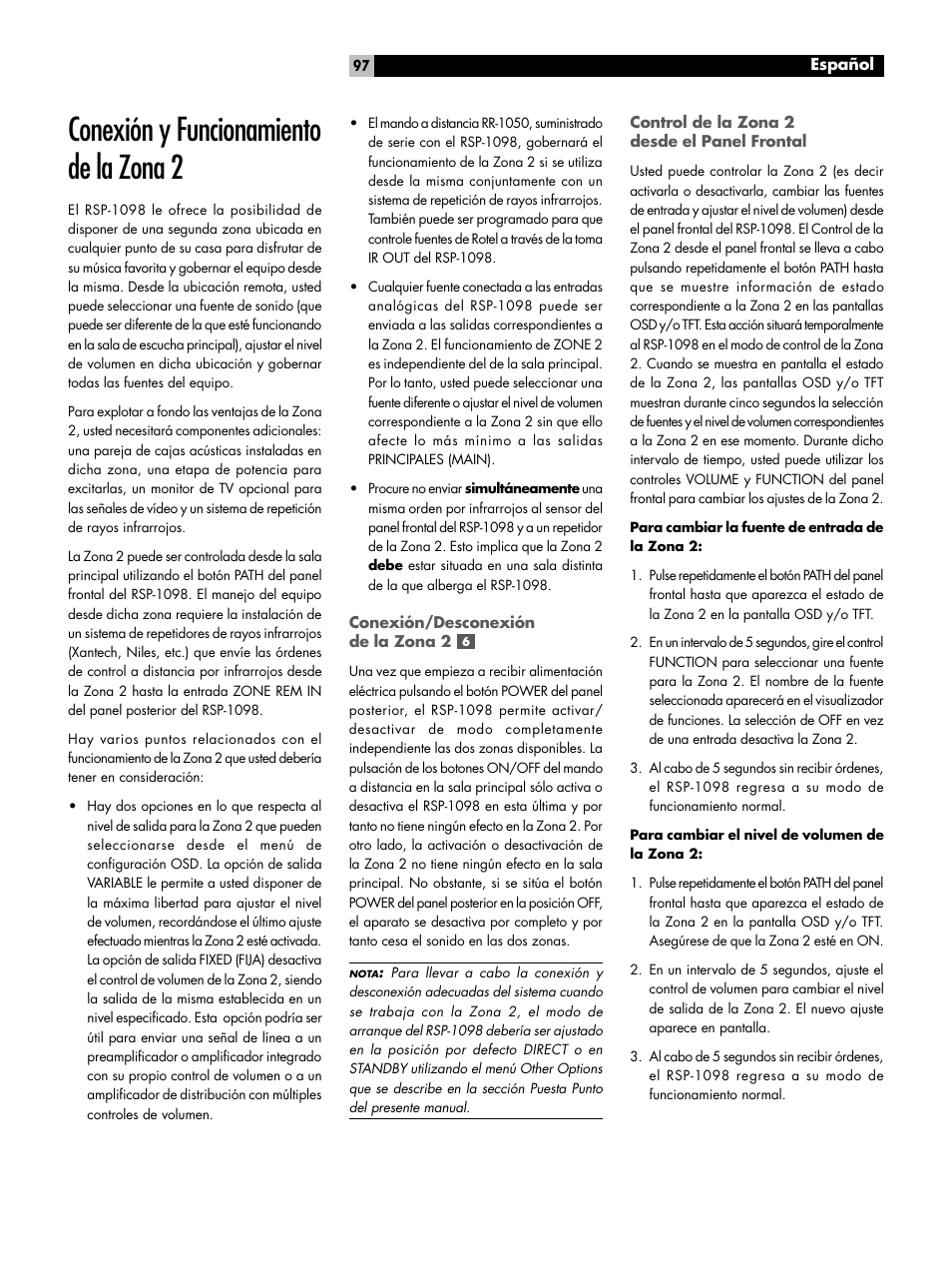 Conexión y funcionamiento de la zona 2 | ROTEL RSP-1098 User Manual | Page 97 / 112